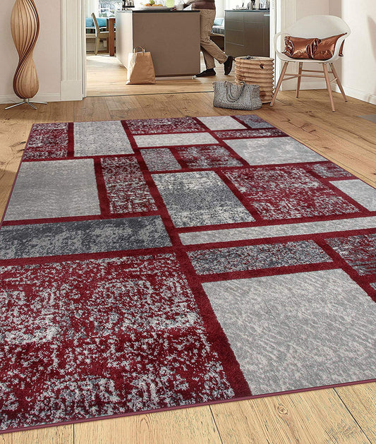 Box Pattern Burgundy Red Area Rug