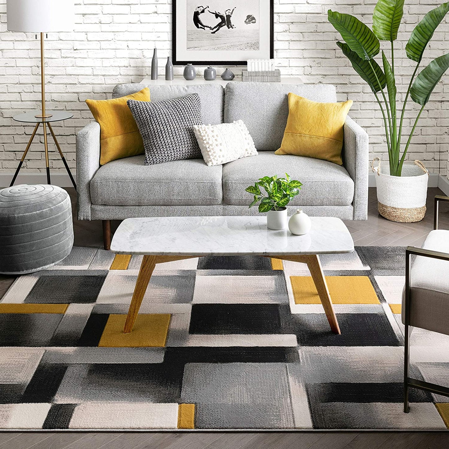 Gold Modern Geometric Boxes Squares Pattern Soft Area Rug