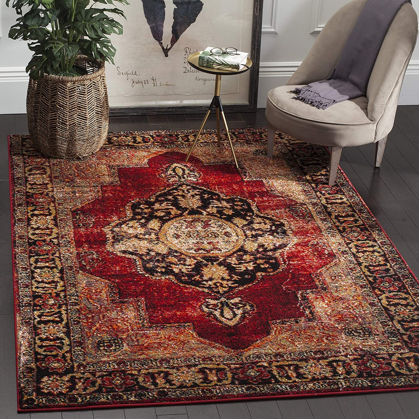 Oriental Antiqued Red and Multi Area Rug