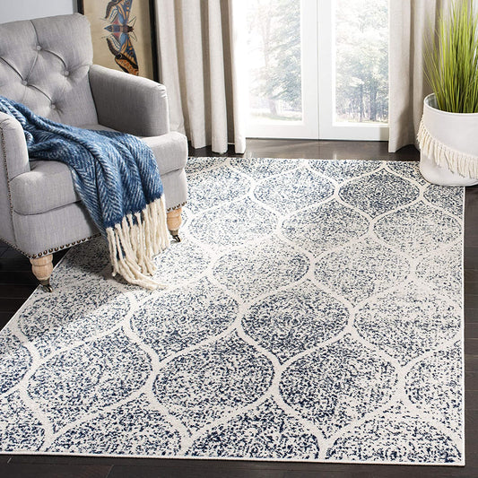 Geometric Trellis Distressed Cream Royal Blue Soft Area Rug