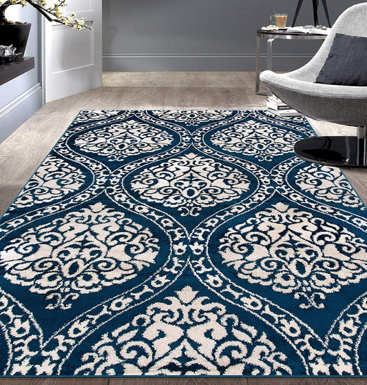 Floral Damask Navy Ivory Area Rug