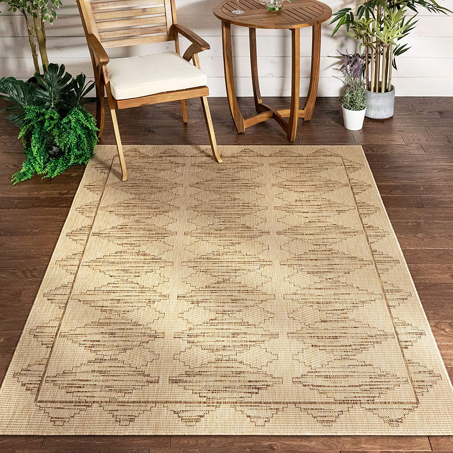 Beige Indoor/Outdoor Flat Weave Pile Nordic Diamond Pattern Area Rug ...