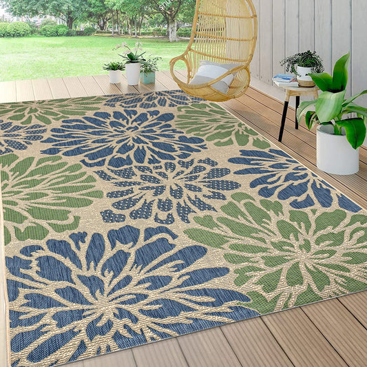 Zinnia Modern Floral Weave Indoor/Outdoor Area Rug Navy/Green