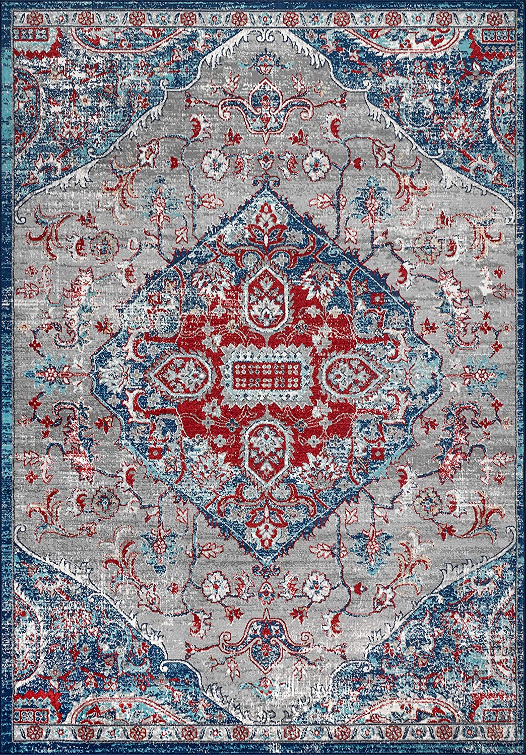 Modern Persian Vintage Medallion Red/Navy Soft Area Rug