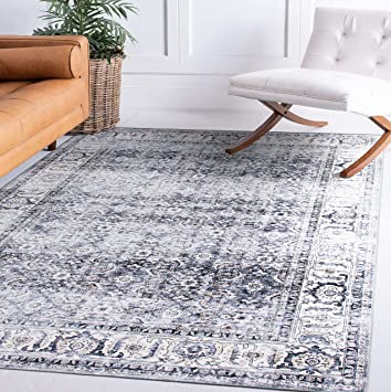 Distressed Transitional Border Machine Washable Non Slip Area Rug Gray