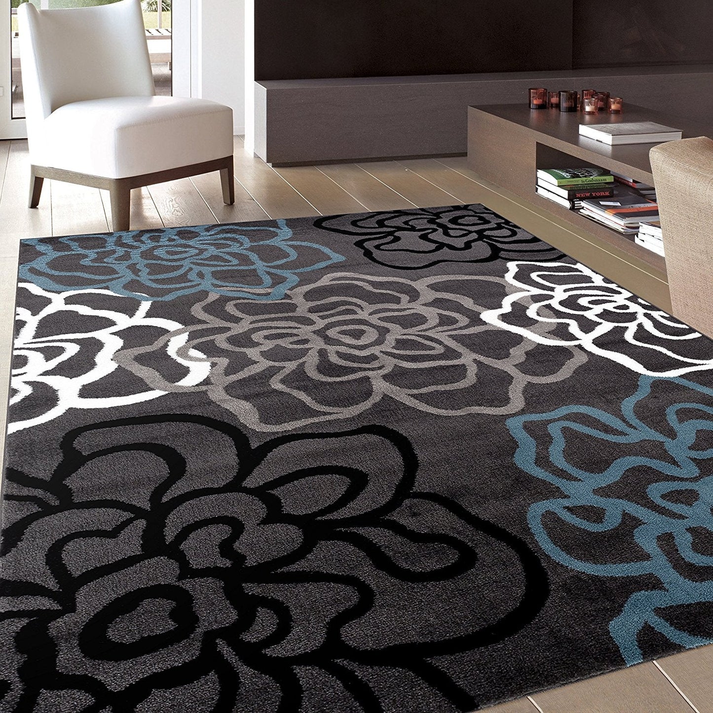 Floral Gray Blue Area Rug