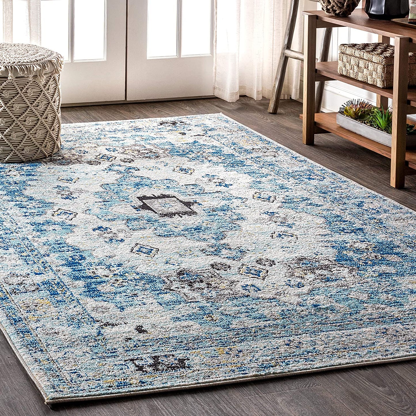 Modern Persian Boho Vintage Medallion Cream/Blue Soft Area Rug