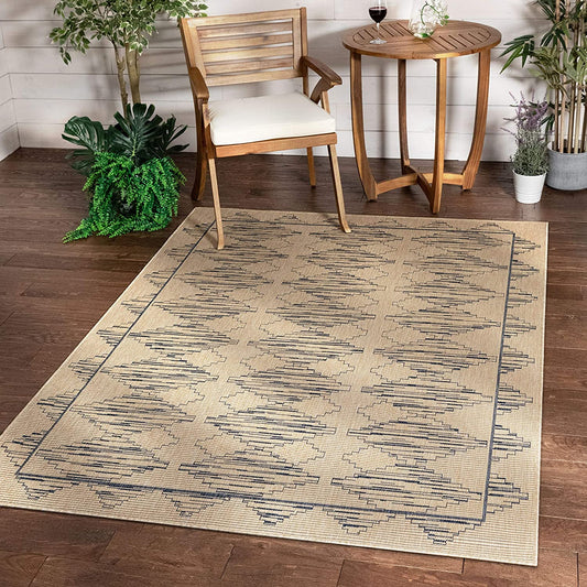 Sturl Beige & Blue Indoor/Outdoor Flat Weave Pile Nordic Diamond Pattern Area Rug