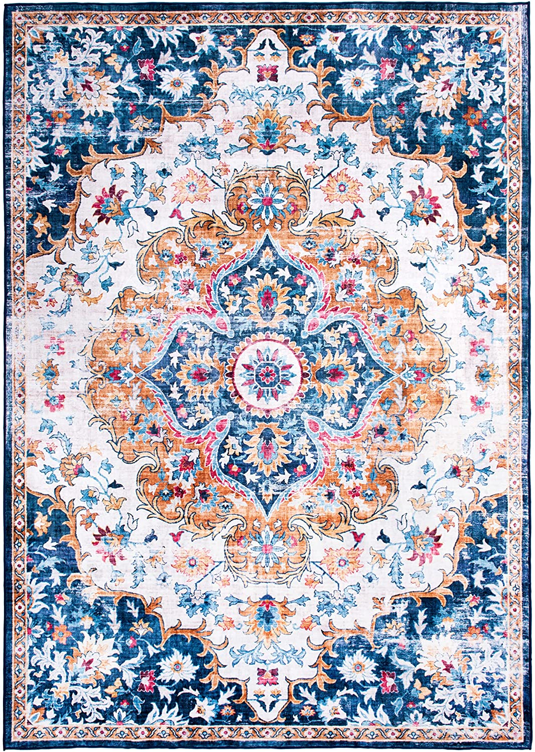 Bohemian Distressed Vintage Machine Washable Non Slip Area Rug