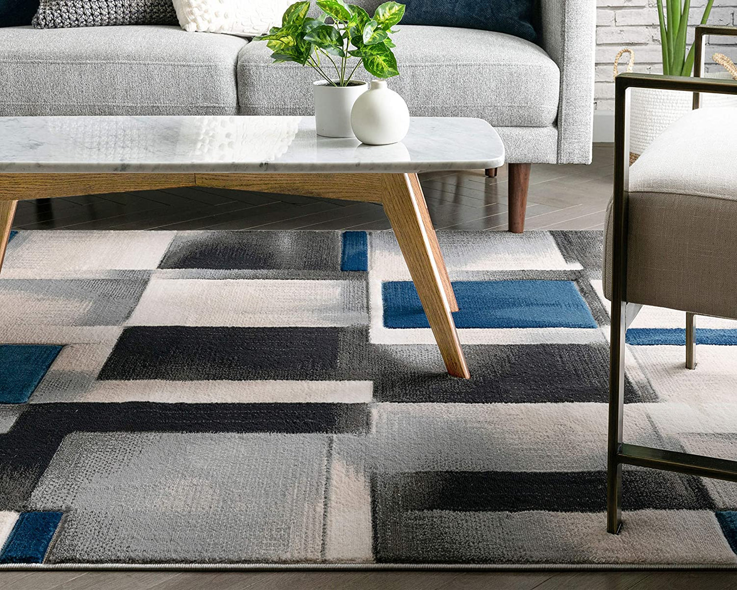 Modern Geometric Boxes Squares Pattern Blue Grey Soft Area Rug