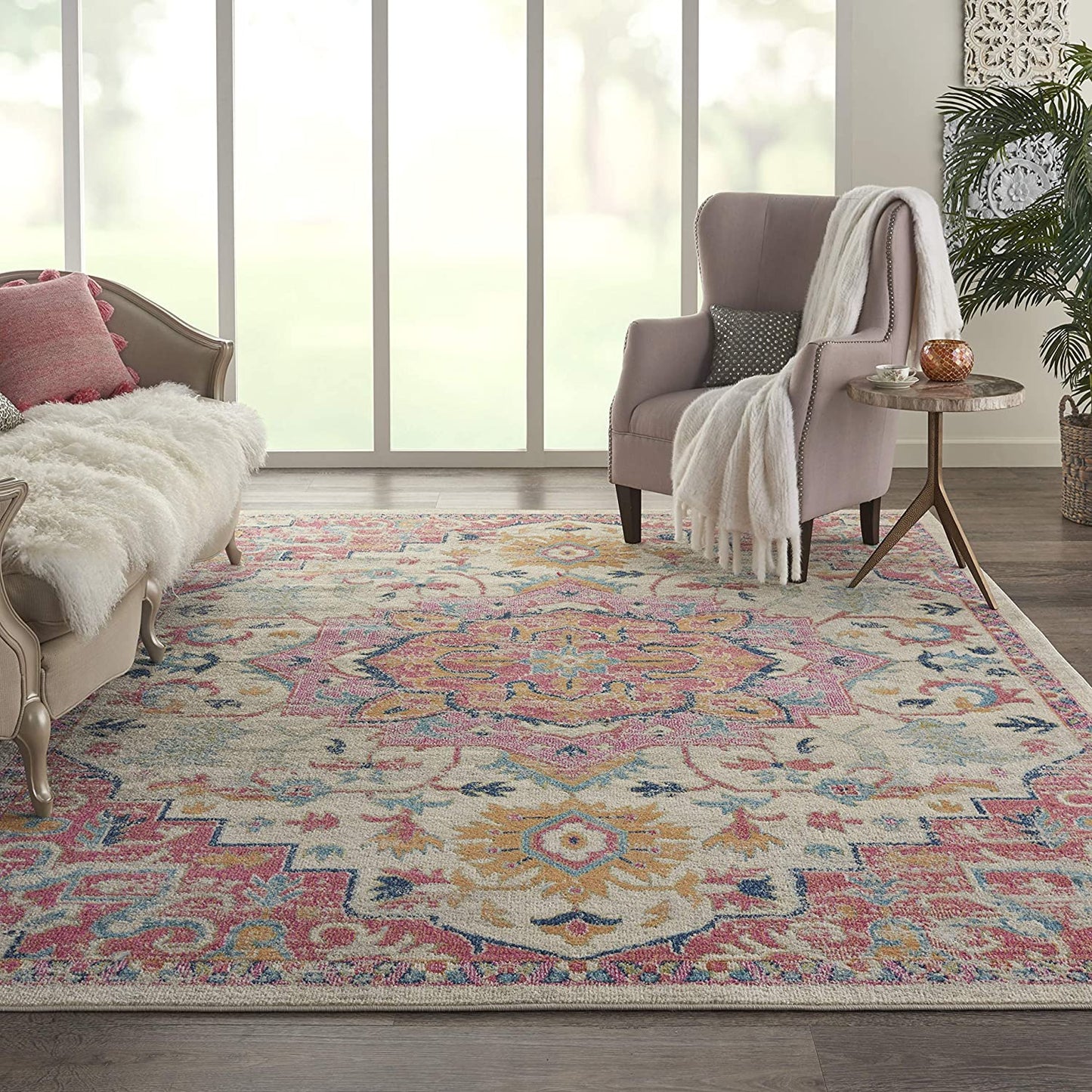 Floral Medallion Passion Bordered Ivory/Pink Area Rug