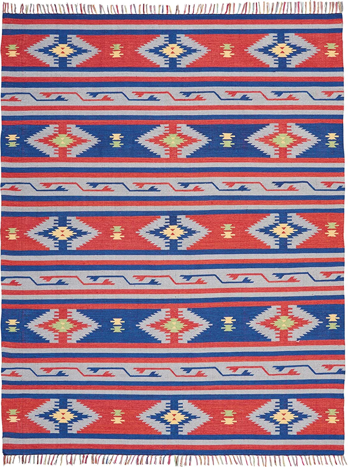 Tribal Cotton Area Rug Blue Red