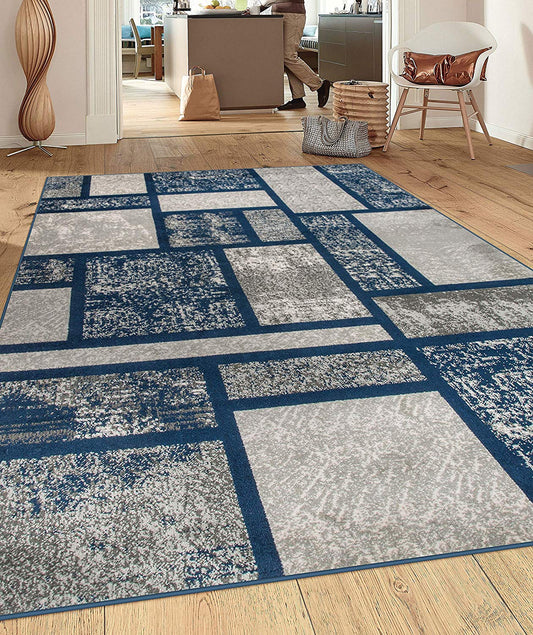 Box Pattern Navy Blue Area Rug