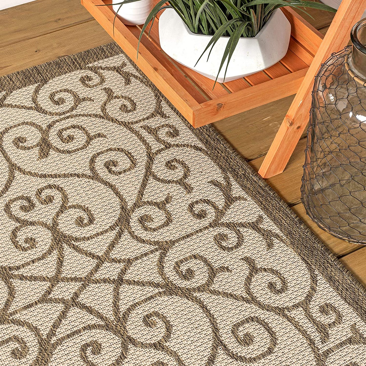 Madrid Vintage Filigree Textured Weave Indoor/Outdoor Beige/Brown Area Rug