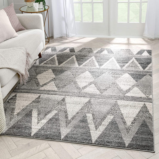 Barbola Grey & Ivory Diamond Boxes Geometric Pattern Area Rug