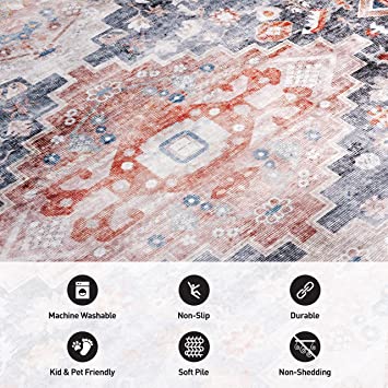 Distressed Transitional Machine Washable Stain Resistant Non Slip Area Rug Multi
