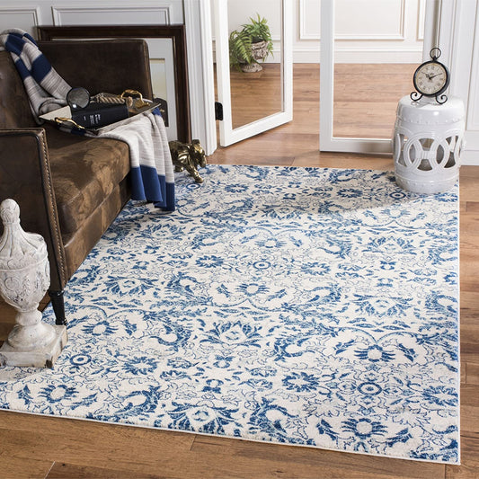 Evoke CollectionNon-Shedding Stain Resistant Living Room Bedroom Area Rug Ivory / Blue