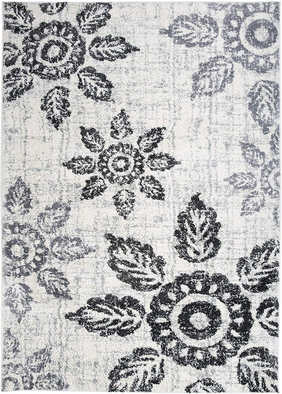 Distressed Floral Soft Ivory Gray Shag Area Rug