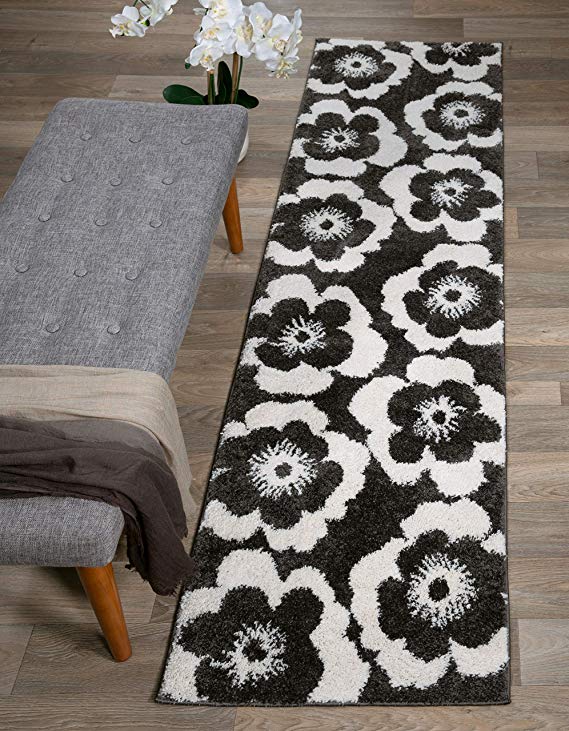 Floral Dark Gray Ivory Soft Shag Area Rug