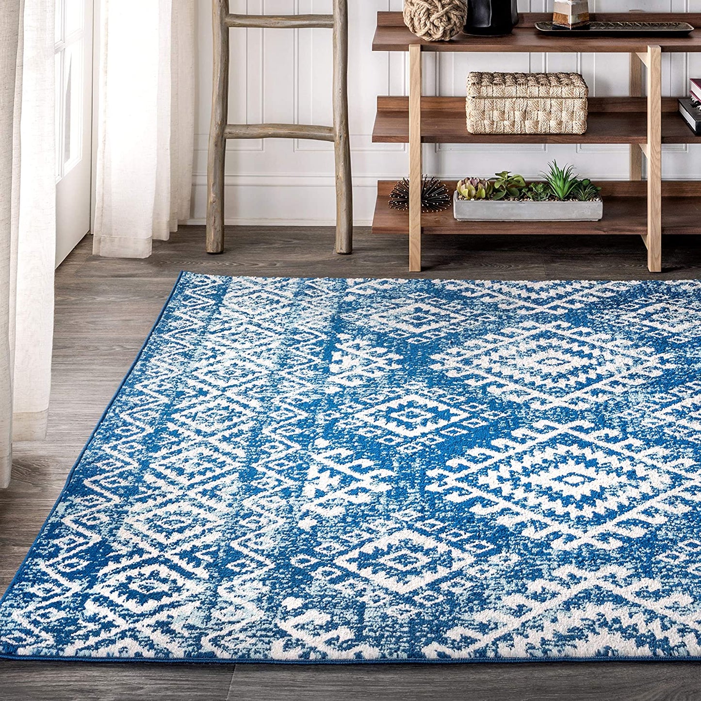 Moroccan HYPE Boho Vintage Tribal Blue/White Soft Area Rug