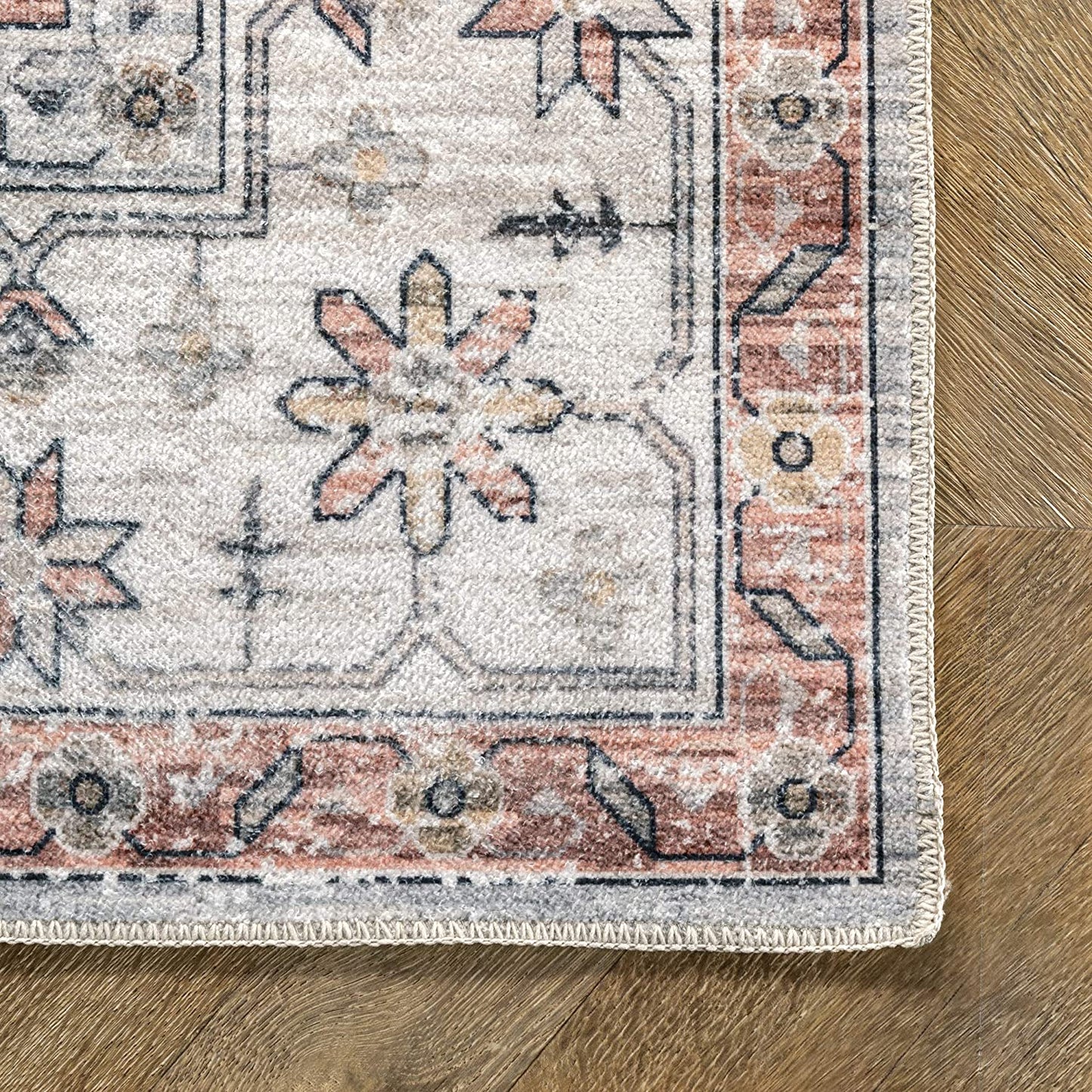 Banks Machine Washable Faded Vintage Area Rug Beige