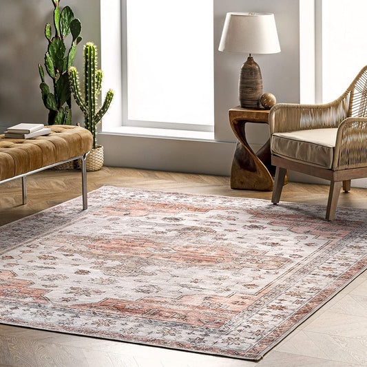 Banks Machine Washable Faded Vintage Area Rug Beige