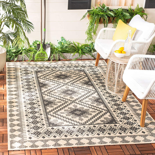 Boho Indoor/ Outdoor Patio Backyard Area Rug, Ivory / Slate