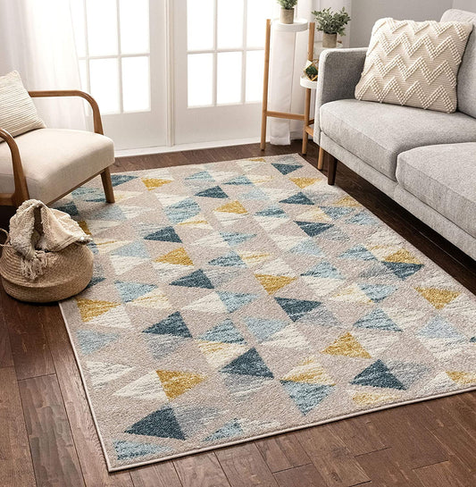 Modern Construct Triangles Geometric Gold Blue Grey Area Rug