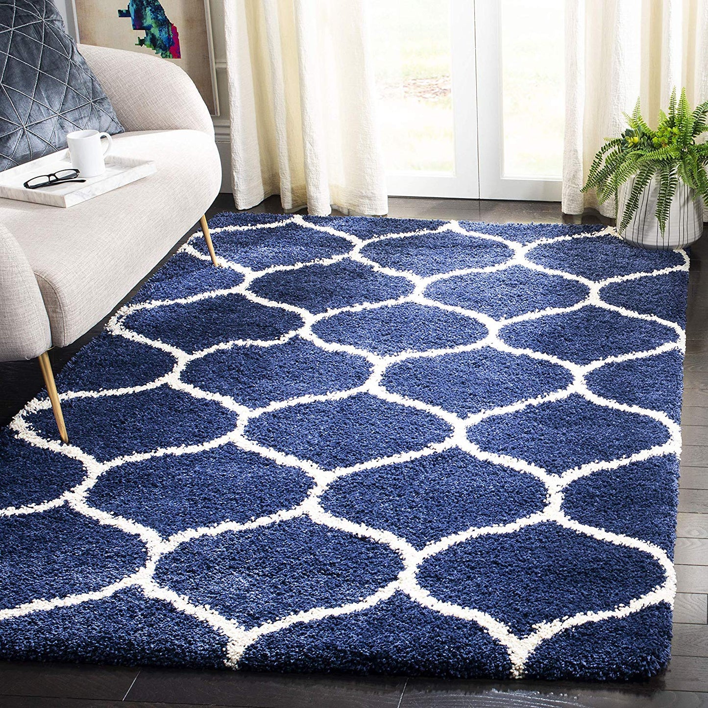 Moroccan Pattern Navy Ivory Plush Shag Area Rug