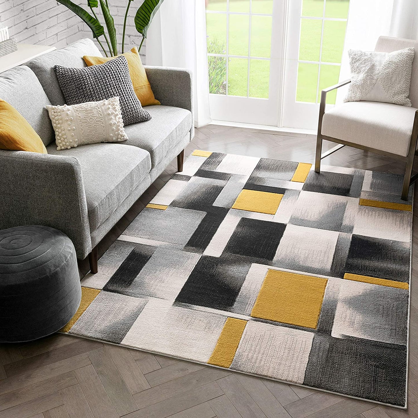 Gold Modern Geometric Boxes Squares Pattern Soft Area Rug