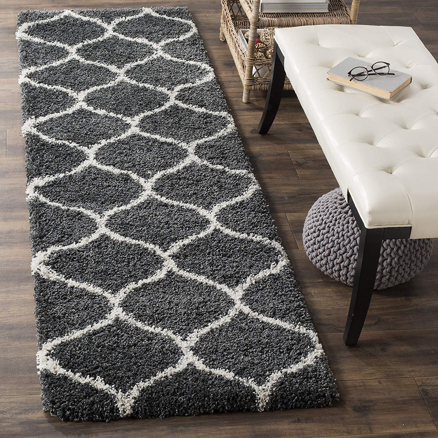 Moroccan Pattern Dark Grey Ivory Plush Shag Area Rug