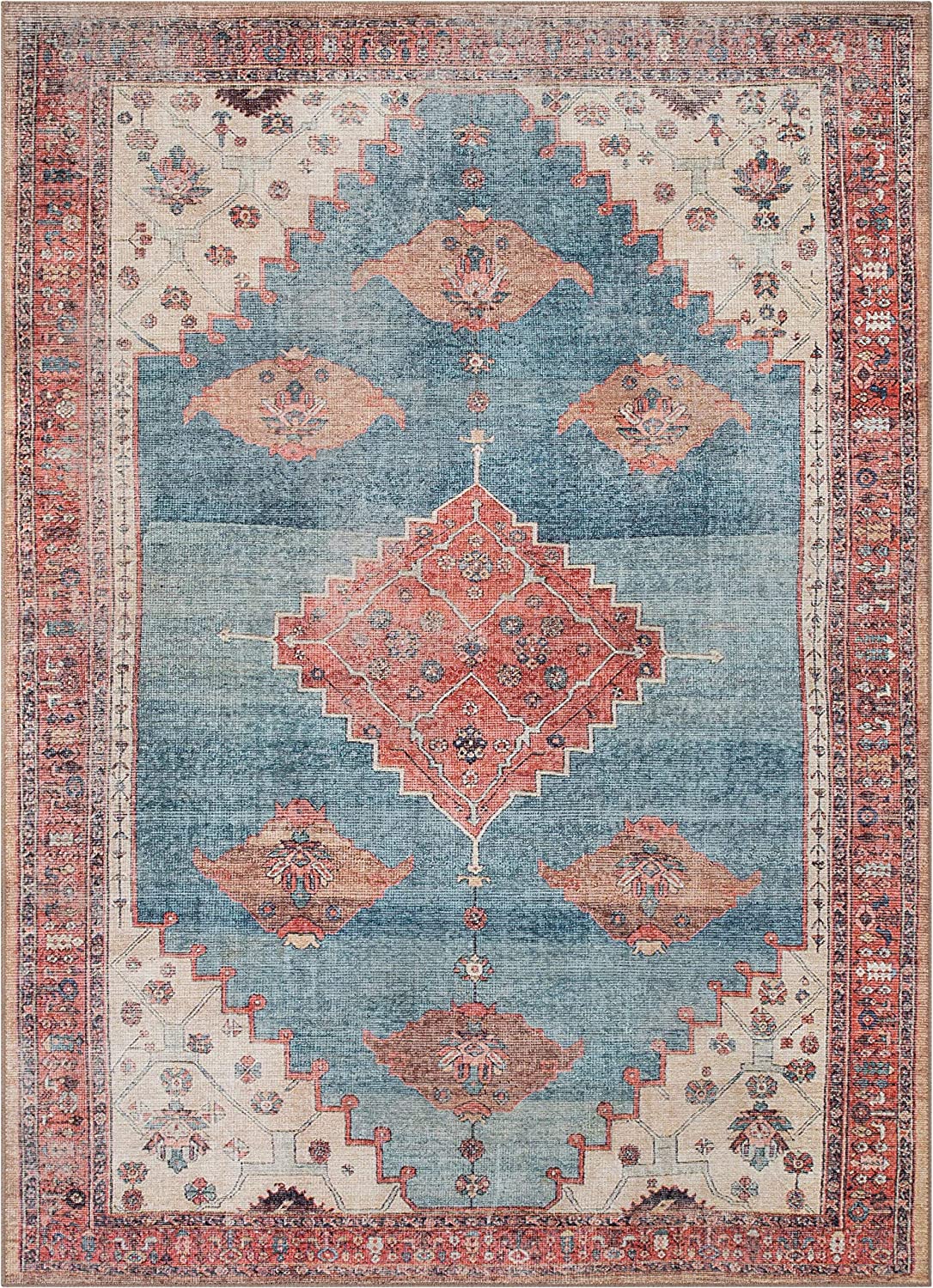 Towne Blue Machine Washable Vintage Style Classic Distresseed Tribal Medallion Area Rug