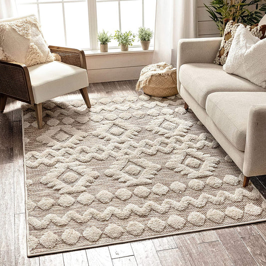 Cenar Beige Flat-Weave Hi-Low Pile Diamond Moroccan Tribal Area Rug