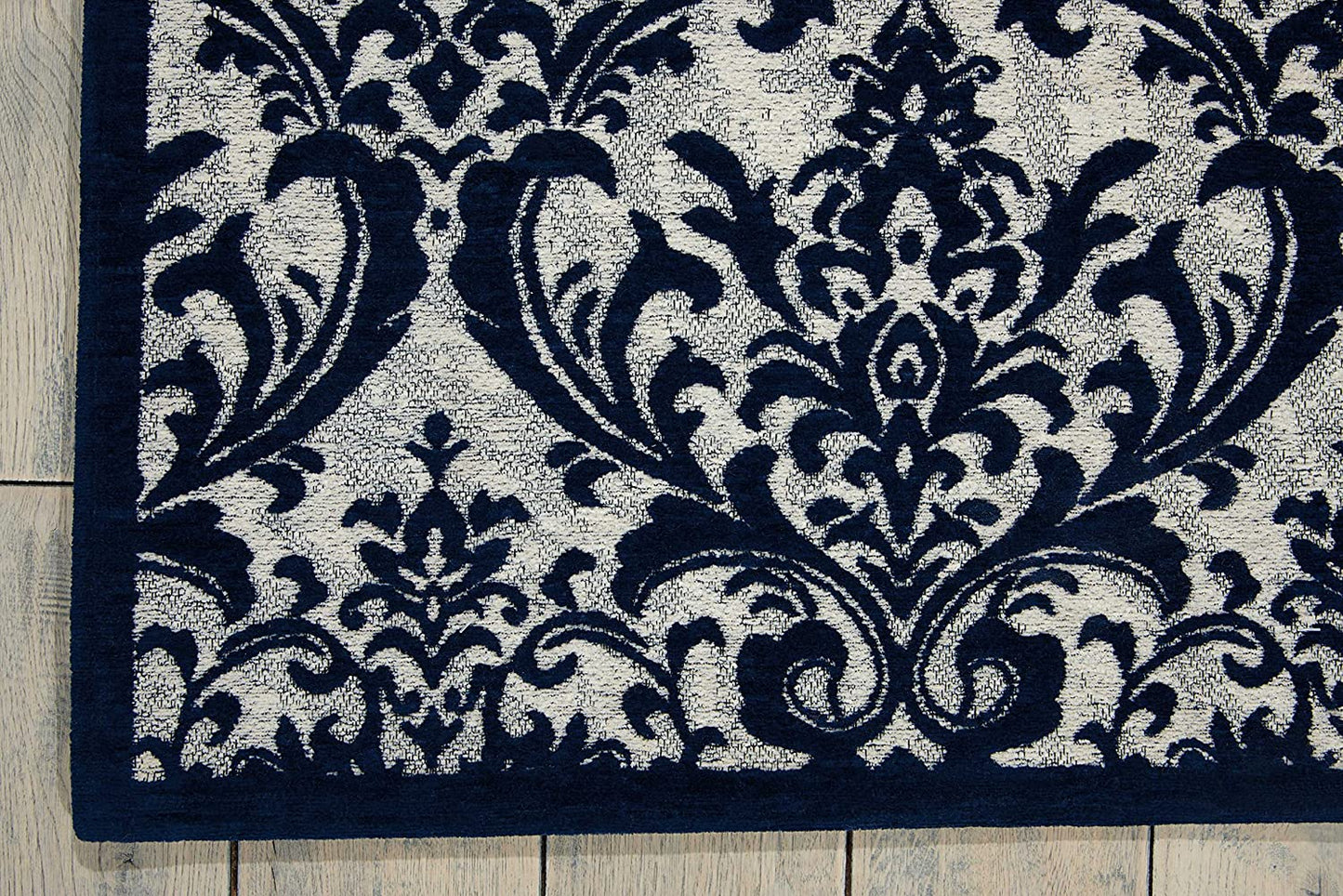 Damask Contemporary Area Rug, Ivory/Navy