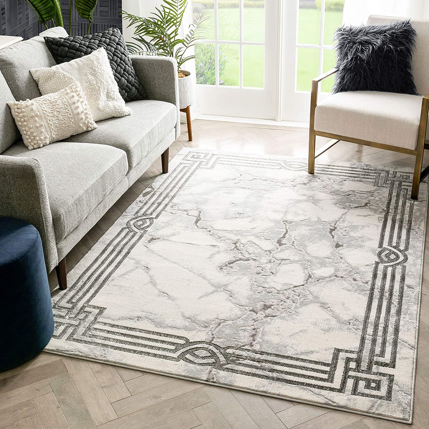 Fairmont Huntington Retro Marble Border Black Glam Soft Area Rug