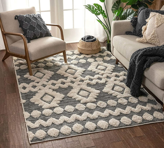 Cenar Grey Flat-Weave Hi-Low Pile Diamond Medallion Stripes Moroccan Tribal Area Rug