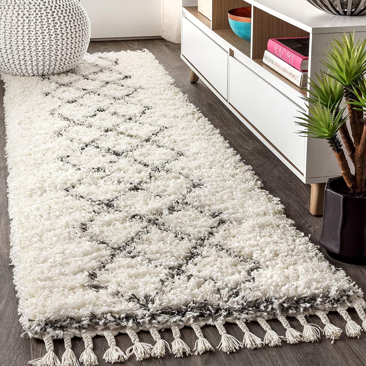 Mercer Plush Tassel Moroccan Tribal Geometric Trellis Area Rugs, Cream/Grey