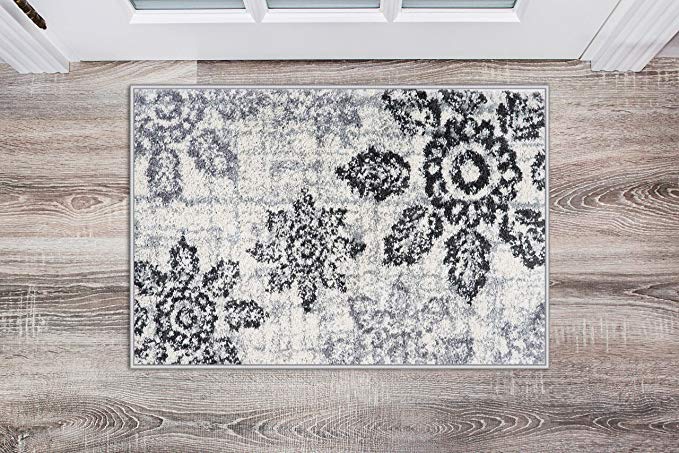 Distressed Floral Soft Ivory Gray Shag Area Rug