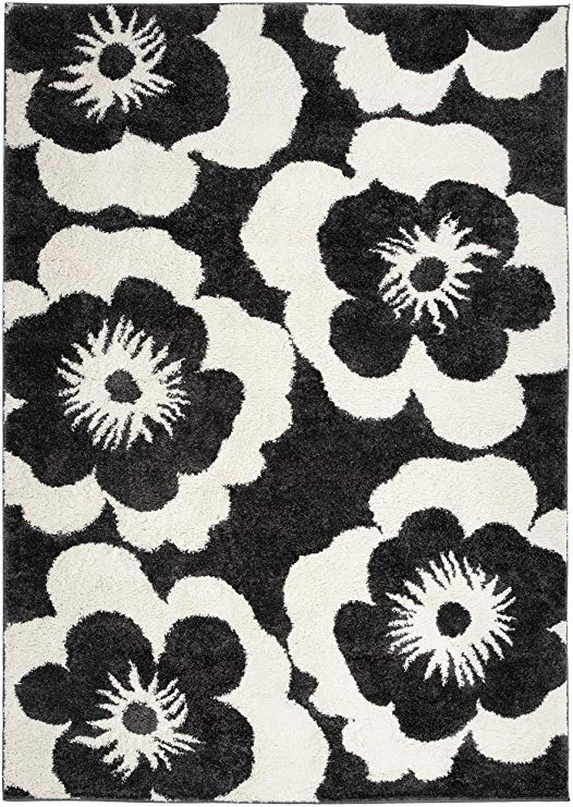 Floral Dark Gray Ivory Soft Shag Area Rug