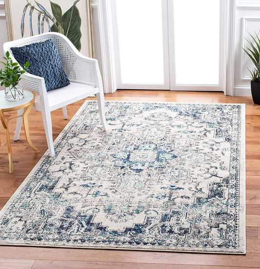 Boho Chic Medallion Distressed Soft Area Rug, Ivory / Grey