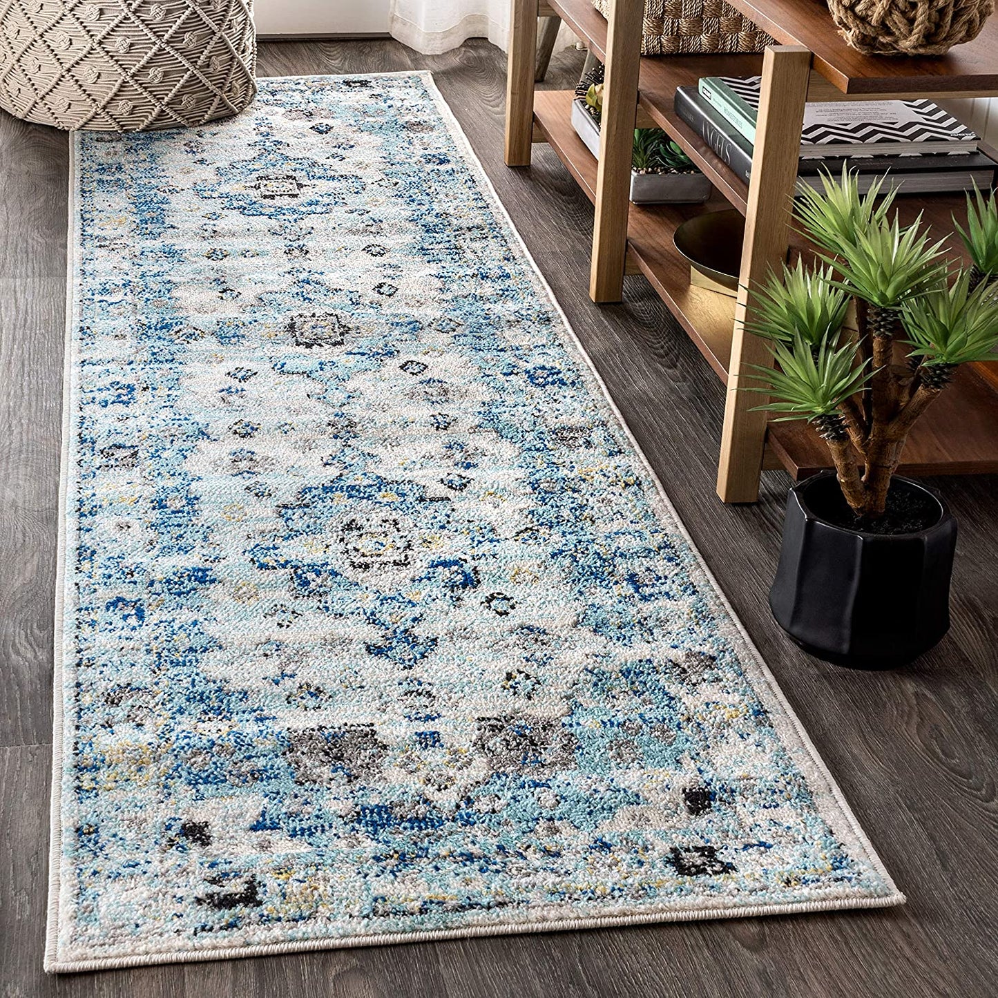 Modern Persian Boho Vintage Medallion Cream/Blue Soft Area Rug