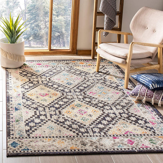 Boho Diamond Distressed Area Rug, Black / Yellow