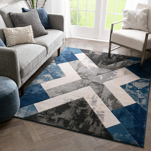 Rheta Blue Modern Geometric Stripes & Angles Pattern Area Rug