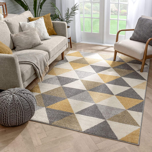 Isometry Gold Grey Modern Geometric Triangle Pattern Soft Area Rug