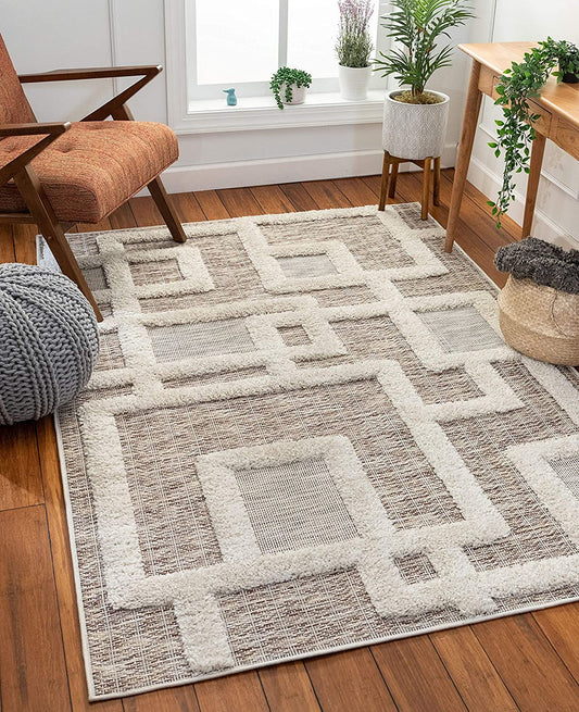 Helga Beige Flat-Weave Hi-Low Pile Geometric Boxes Area Rug