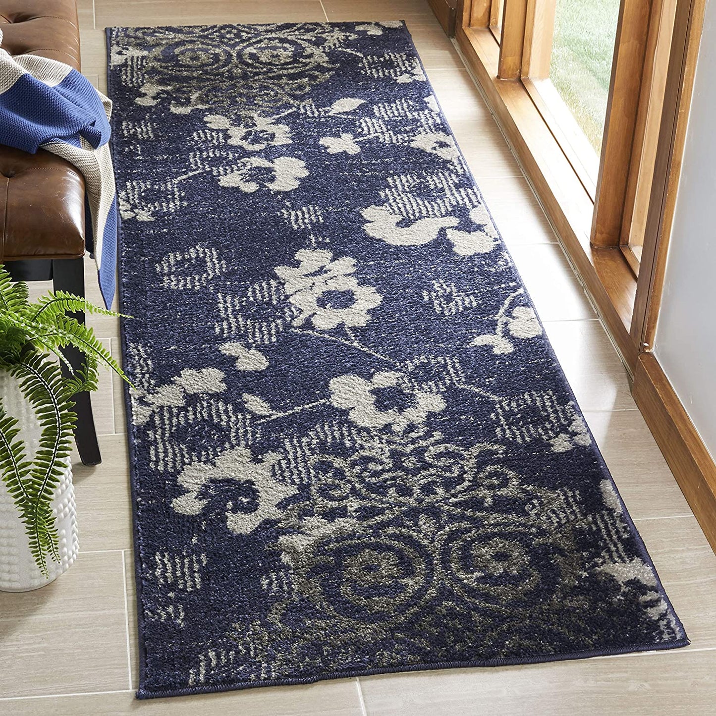 Navy Blue Silver Contemporary Chic Damask Soft Area Rug