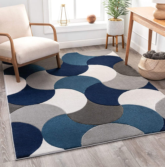Good Vibes Helena Blue Modern Geometric Shapes 3D Texture Soft Area Rug