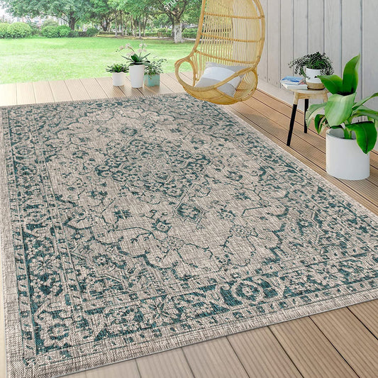 Rozetta Boho Medallion Textured Weave Indoor/Outdoor Gray/Teal Area Rug