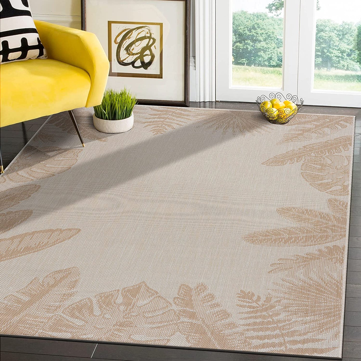 Modern Exotic Tropical Leaf Area Rugs for Indoor Outdoor - Beige / White