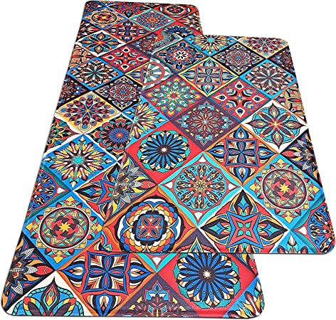 Comfort Floor Mat Cushioned Anti Fatigue 2 Piece Set Non Skid Waterproof PVC Heavy Duty Kitchen Rugs (17.3" x 27.5" + 17.3" x 47.2")